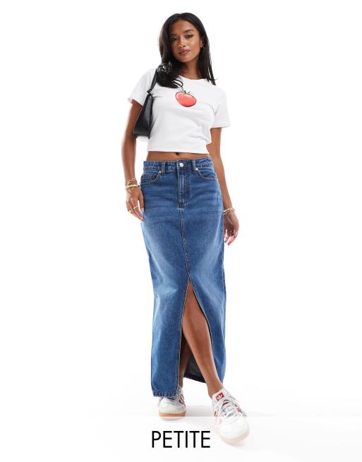 DTT Petite - Denim midi rok met split aan de voorkant in middenblauw