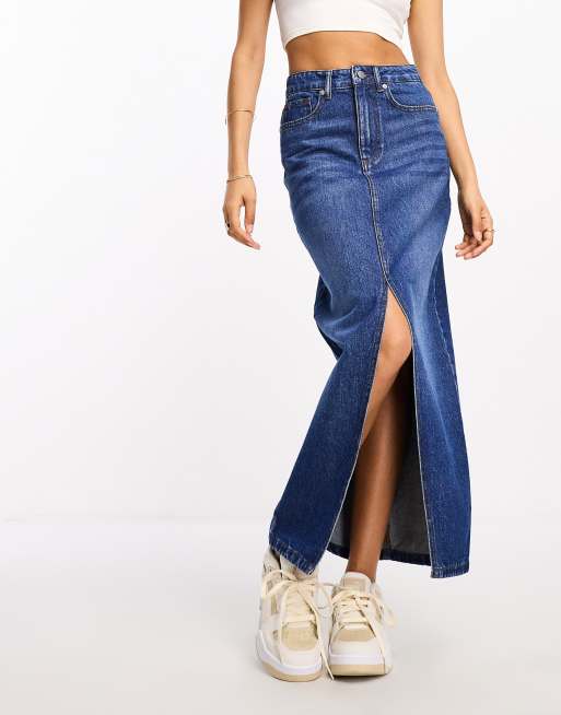 DTT Petite denim midi skirt with front split in mid blue, 3 of 4