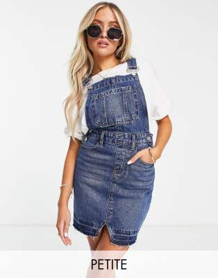 DTT Petite denim overall dress with raw hem in blue 