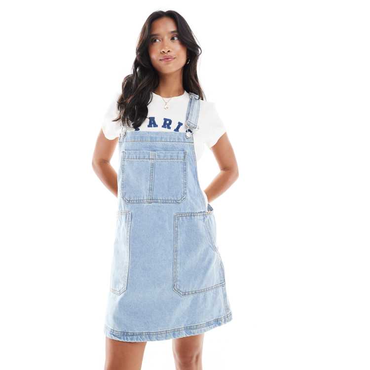 denim pinafore dress asos DTT denim pinafore dress with pockets in mid blue