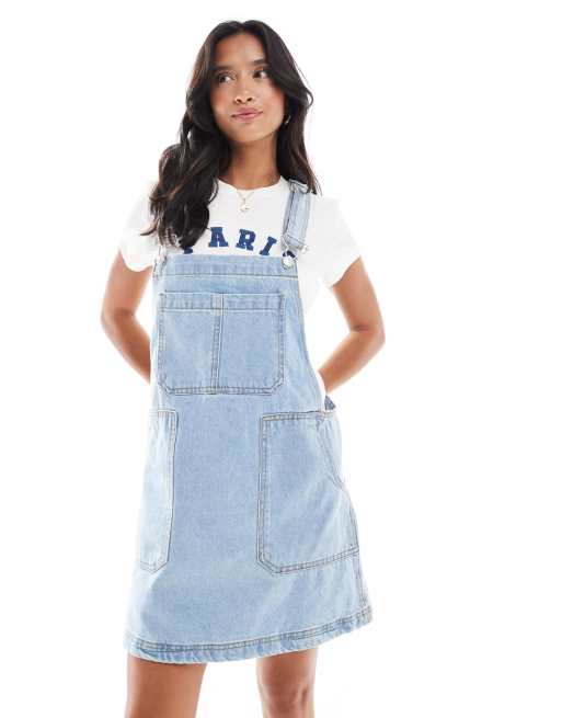 DTT Petite denim pinafore dress with pocket detail in light blue