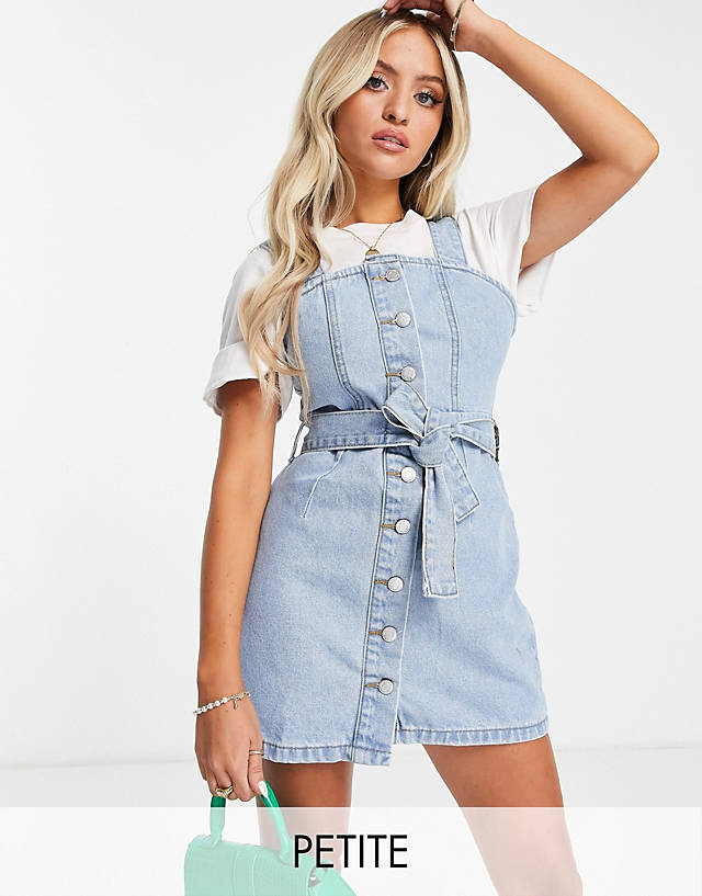 Don't Think Twice - DTT Petite denim pinafore dress with tie waist in light blue