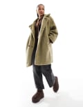 [Don't Think Twice] DTT Petite double breasted borg jacket in khaki-White 4 KHAKI