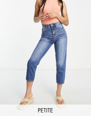 DTT Petite Emma super high waisted mom jeans in mid wash blue