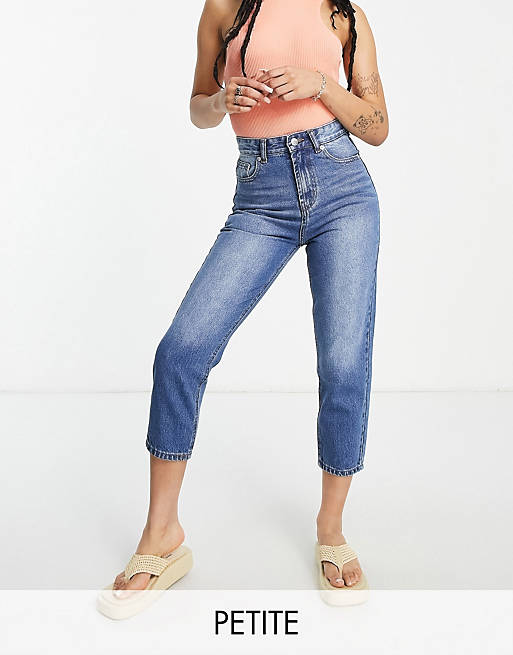 DTT Petite Emma super high waisted mom jeans in mid wash blue 