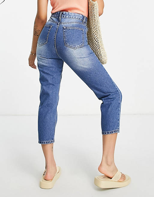 DTT Petite Emma super high waisted mom jeans in mid wash blue | ASOS
