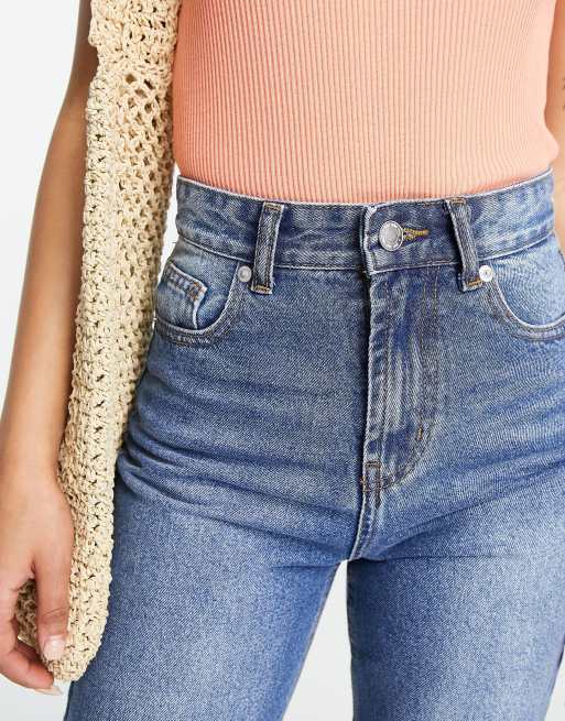 DTT Petite Emma super high waisted mom jeans in mid wash blue , 3 of 4