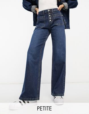 DTT Petite Fern straight leg jeans with button front in blue