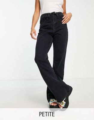 DTT Petite flare leg jeans with folded waist in washed black