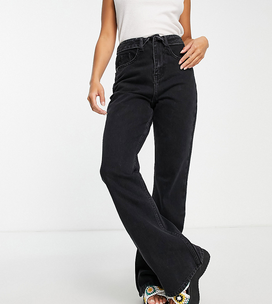 DTT Petite flare leg jeans with folded waist in washed black