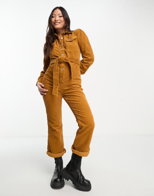 DTT Petite – Flora – Ljusbrun jumpsuit i manchester med vida ben och skärp, 3 av 4