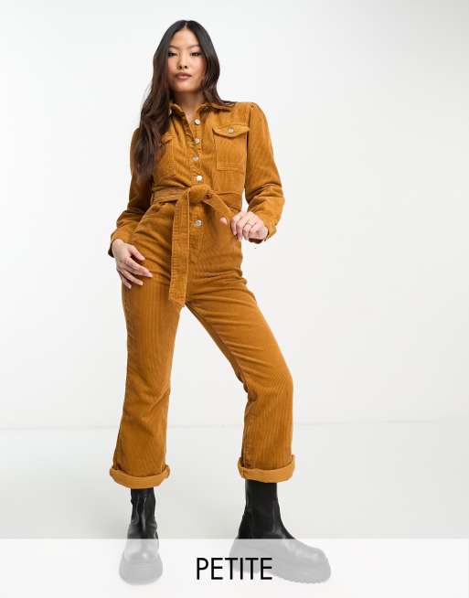 DTT Petite - Flora - Tuta jumpsuit in velluto a coste color cuoio a fondo ampio con cintura