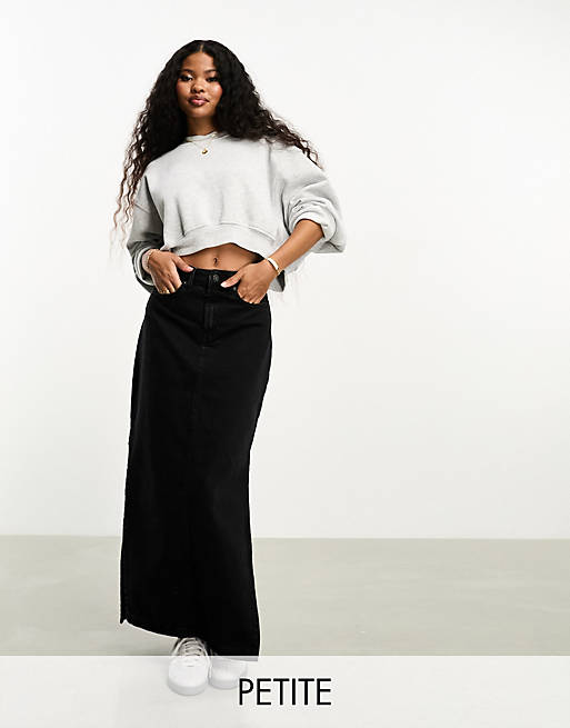 DTT Petite Hannah denim maxi skirt with side split in washed black | ASOS