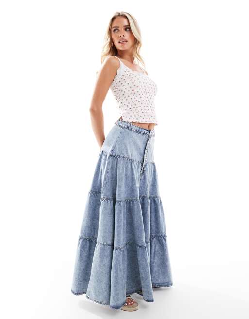 DTT Petite Jupe longue en jean à volants Bleu délavé ASOS