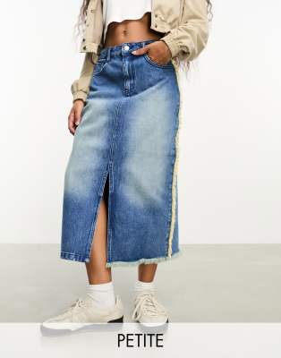 Don't Think Twice DTT Petite Kali denim midi skirt with frayed side seam in mid wash blue