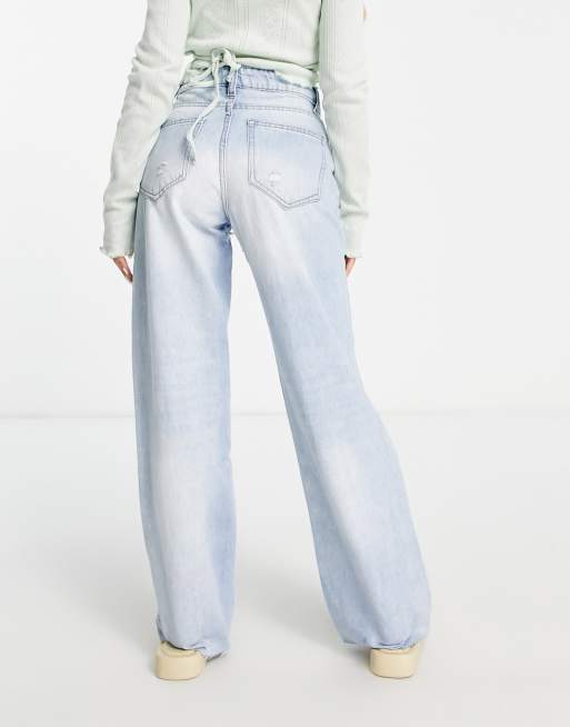 DTT Petite – Ljusblå jeans med raka ben, råskuren fåll och knäreva , 2 av 4