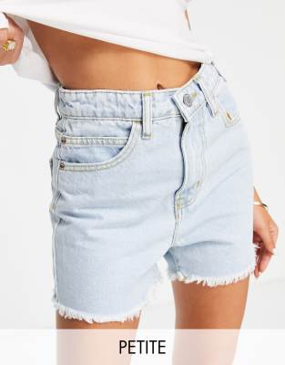 Don't Think Twice DTT Petite longline denim shorts with raw hem in light blue wash