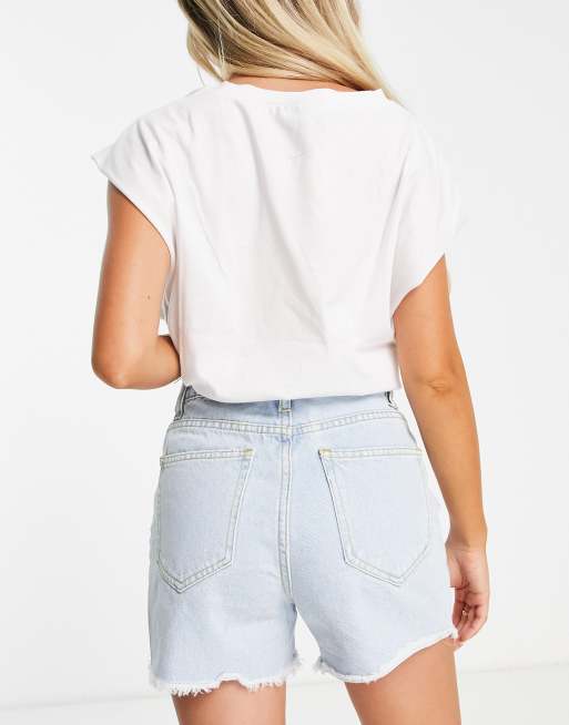 DTT Petite longline denim shorts with raw hem in light blue wash , 3 of 4