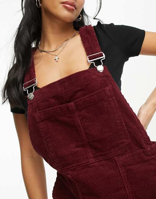 DTT Petite Lucine cord pinafore dress with pockets in burgundy | ASOS