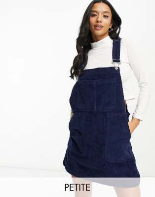 DTT Petite Lucine cord pinafore dress with pockets in navy