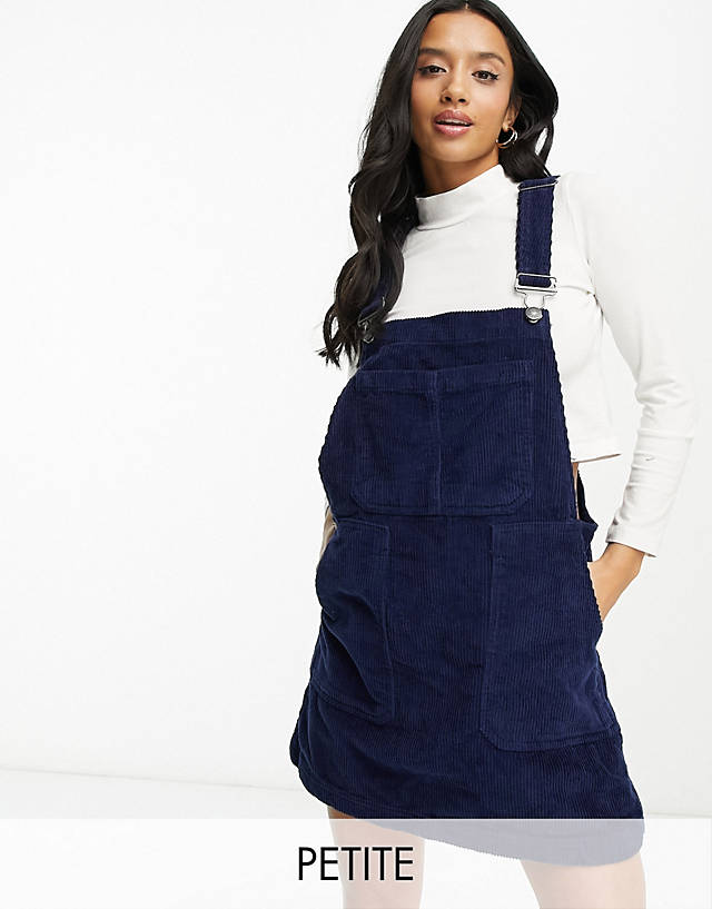 Don't Think Twice - DTT Petite Lucine cord pinafore dress with pockets in navy