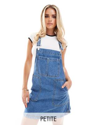 DTT Petite Lucine denim pinafore dress with pockets in mid blue