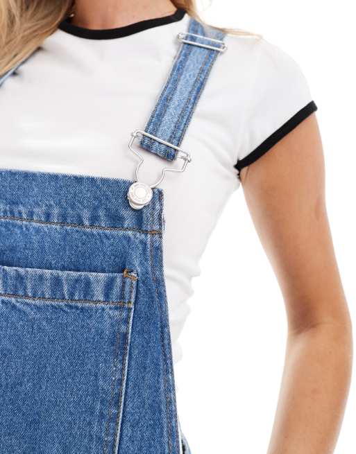 DTT Petite Lucine denim pinafore dress with pockets in mid blue