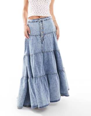 DTT Petite - Maxi-Jeansrock in blauer Acid-Waschung mit Rüschen