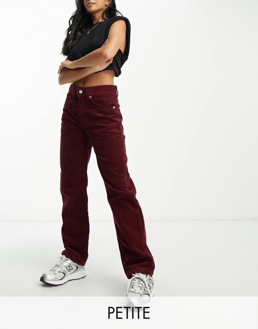 DTT Petite Olive straight leg cord pants in burgundy