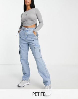 DTT Petite straight leg jeans with cargo pockets in light blue