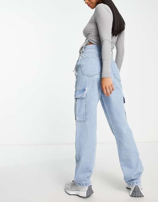 DTT Petite straight leg jeans with cargo pockets in light blue