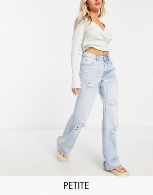 DTT Petite straight leg jeans with raw hem and knee rips in light blue