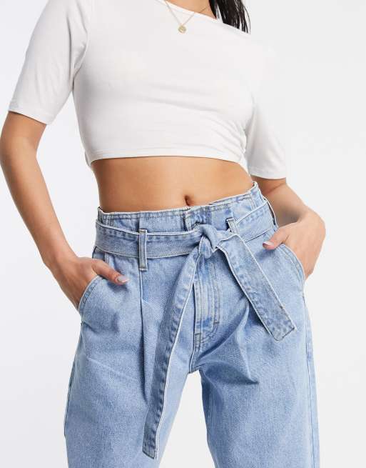 DTT Petite Sultan paper bag waist jeans in light blue wash , 3 of 4