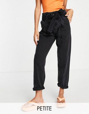 DTT Petite Sultan paper bag waist jeans in washed black