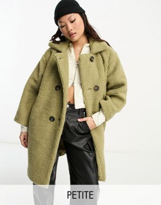 DTT Petite Teddy longline double breasted borg jacket in sage green - ASOS Price Checker