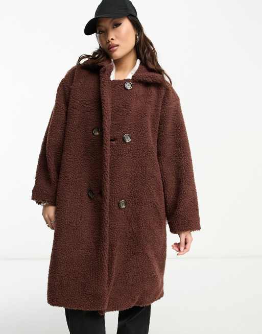 Pieces Curve zip up teddy fleece in chocolate brown