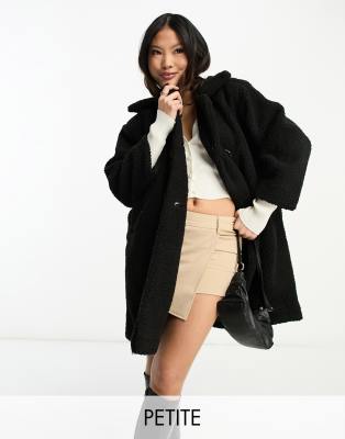 DTT Petite - Teddy - Veste longue à double boutonnage en imitation peau de mouton - Noir