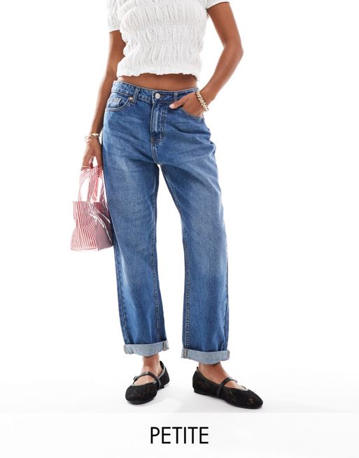 DTT Petite - Veron - Ruimvallende mom jeans Long-sleeve in middenblauw met wassing