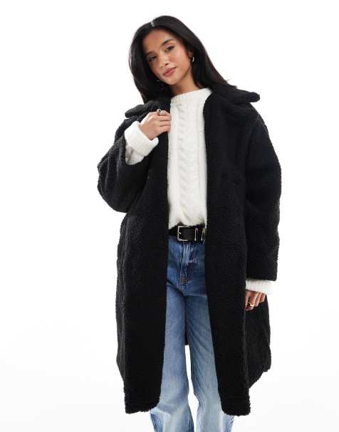 DTT Petite – Zweireihige Longline-Jacke aus Teddyfell in Schwarz - view 1