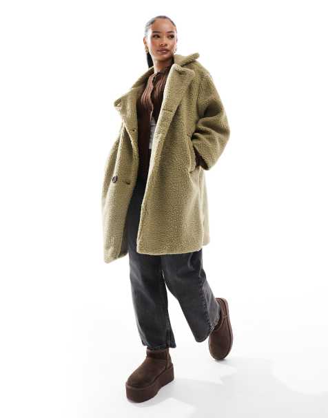 DTT Petite – Zweireihige Teddyfell-Jacke in Khaki - view 1