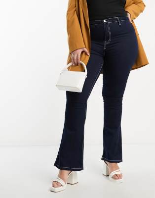 DTT Plus – Bianca – Disco-Jeans in Blau mit hohem Bund, weitem Bein und herzförmigen Taschendetails