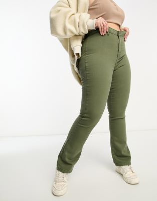 DTT Plus - Bianca - Disco-Jeans in Khaki mit hohem Bund und weitem Bein-Grün