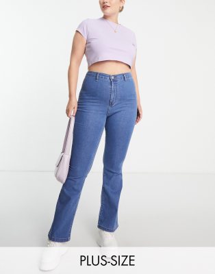 Don't Think Twice Plus Dtt Plus Bianca High Waisted Flare Disco Jeans In Mid Blue