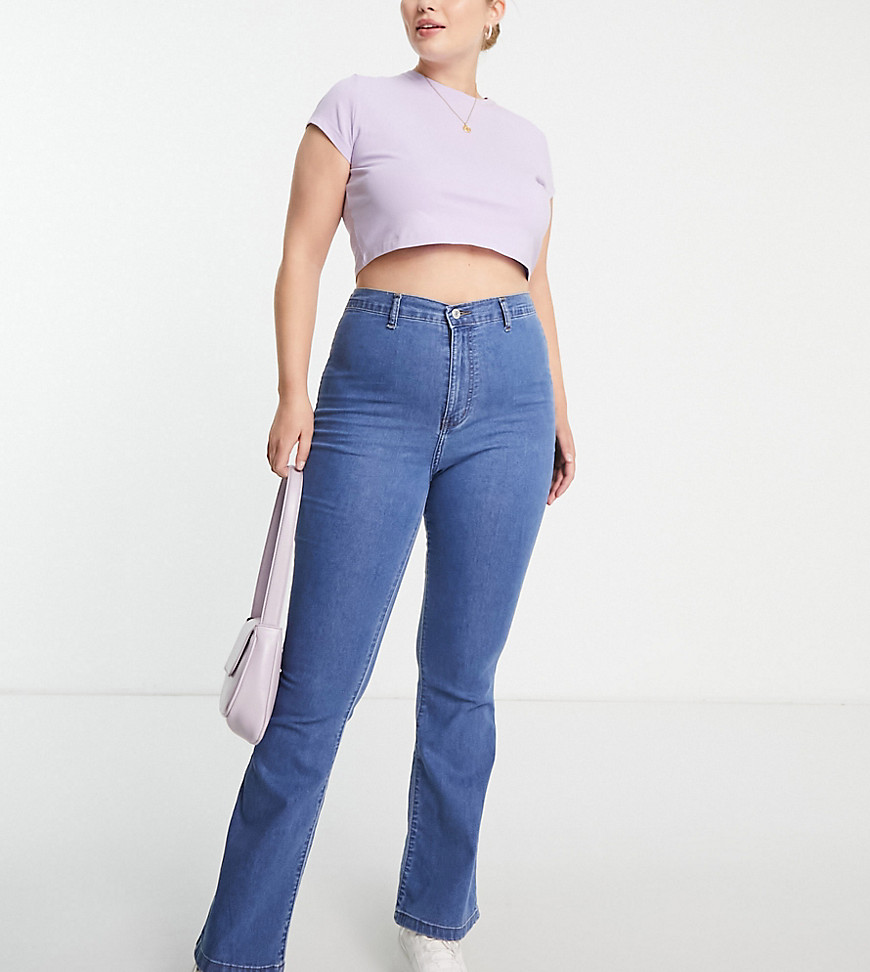DTT Plus Bianca high waisted flare disco jeans in mid blue
