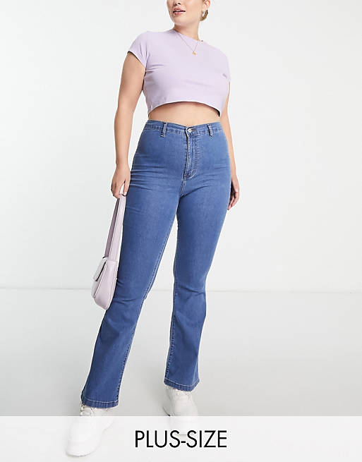 DTT Plus Bianca high waisted flare disco jeans in mid blue 