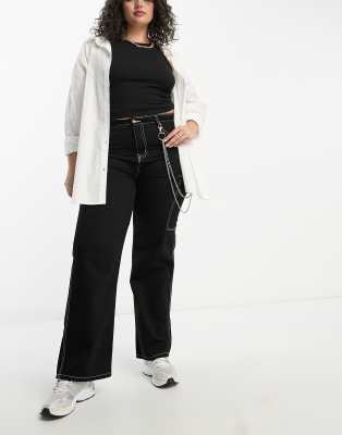 DTT Plus - Blaze - Jeans cargo a fondo ampio neri con catenina