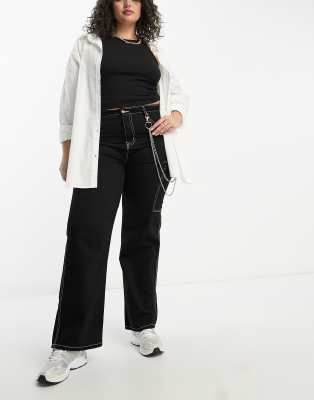 Monki wide leg cargo jeans in black