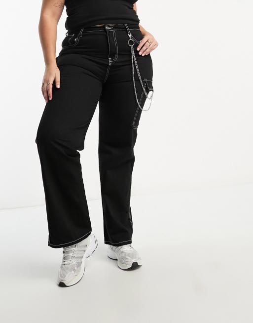 DTT Plus Blaze wide leg cargo jeans with chain in black