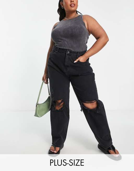 DTT - Plus - Boyfriend jeans met kniescheuren met wassing in zwart 
