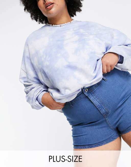DTT Plus - Charlotte - Disco denim short met hoge taille in middenblauw 